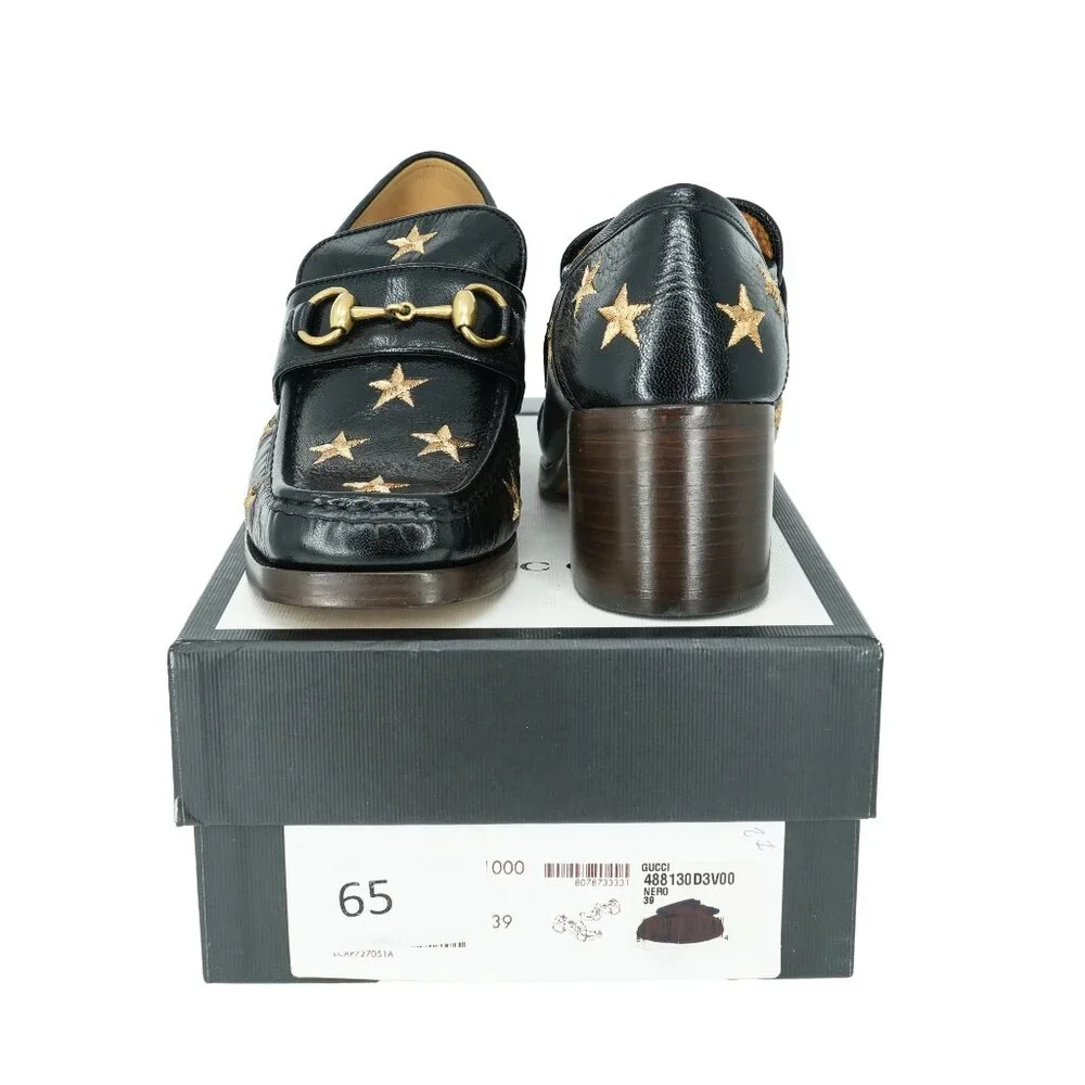Gucci Horsebit Embroidered Stars Leather Mid Heel Loafers - Picture 6 of 8
